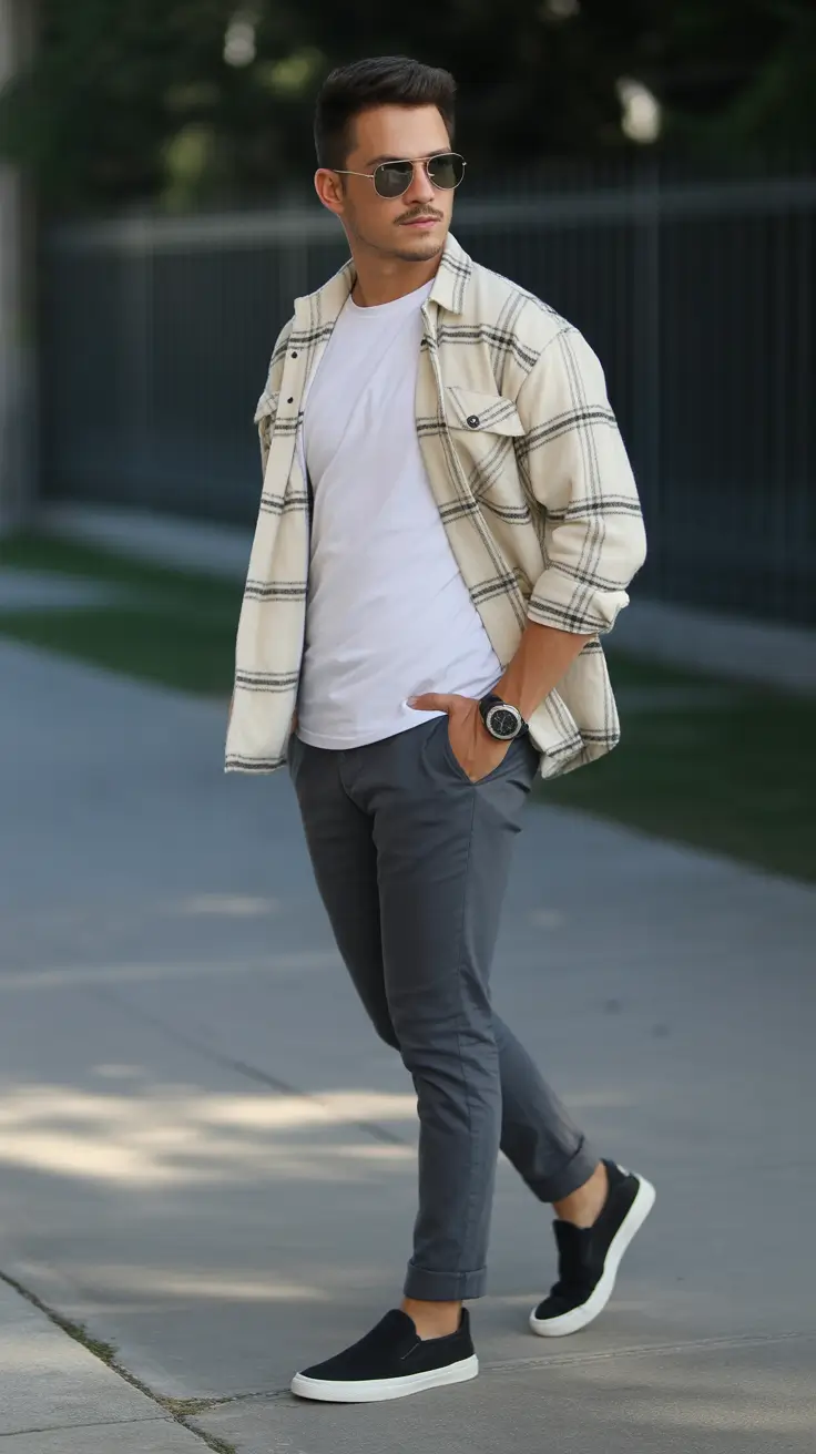 Men's outfit inspiration 2026 – Checked Overshirt and Slim Chinos for Smart Street Style