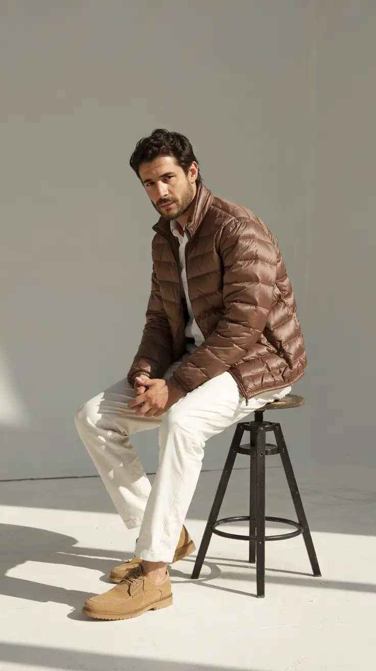 Men's outfit inspiration 2026 – Warm Puffer and Winter Whites for Soft City Light