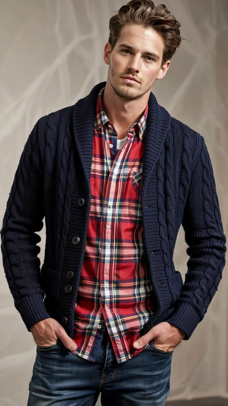 Men's outfit inspiration 2026 – Navy Cardigan and Plaid Shirt for Rustic Country Evenings