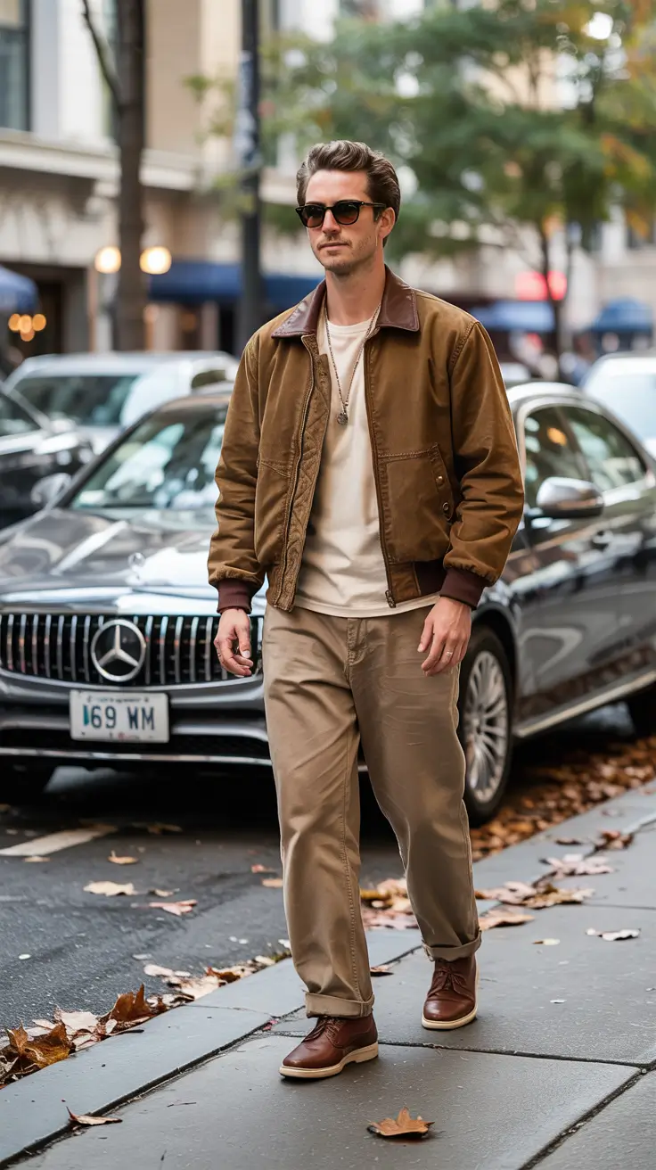 Men's outfit inspiration 2026 – Brown Bomber and Chinos for Laid-Back City Strolls