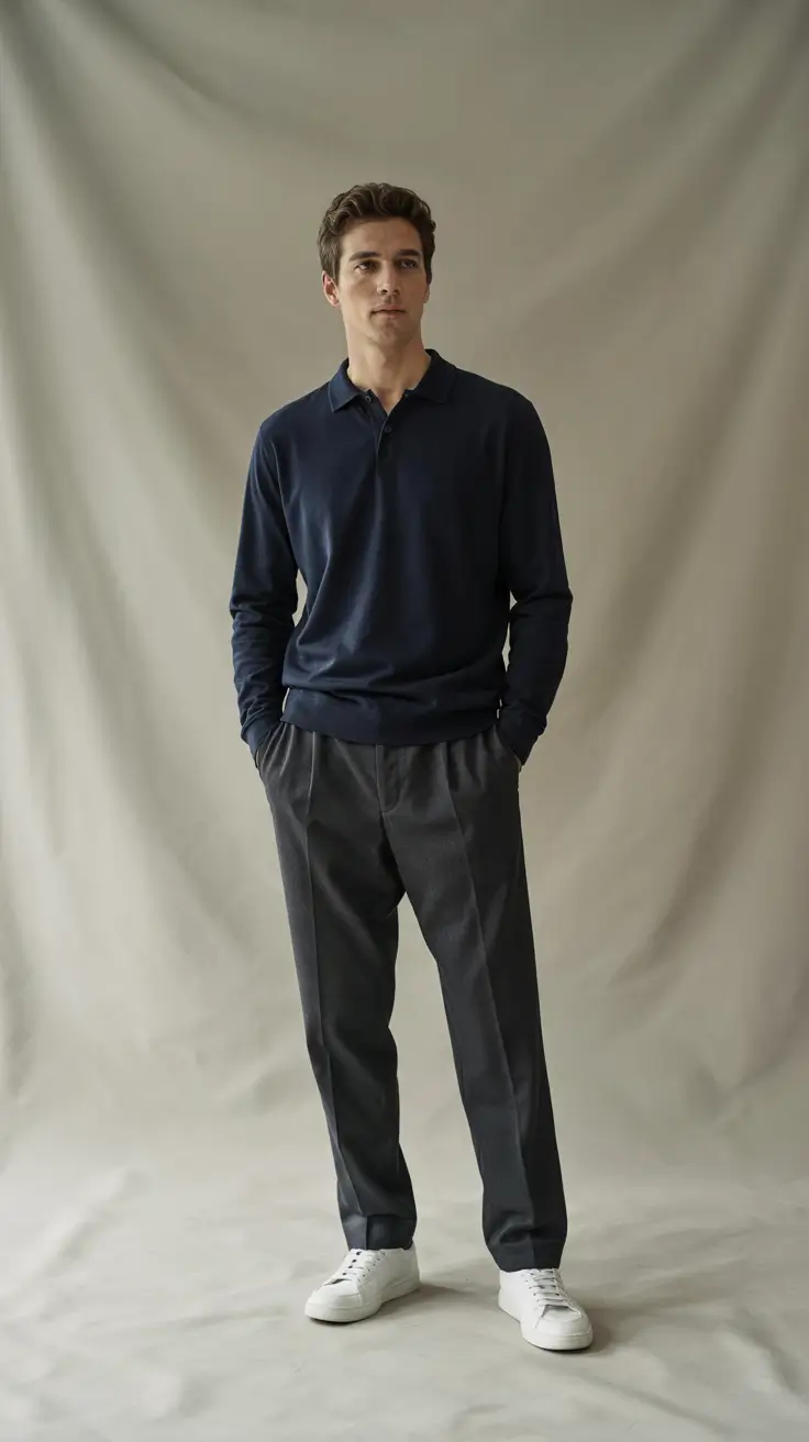 Men's outfit inspiration 2026 – Navy Knit Polo and Charcoal Trousers for Modern Minimalism