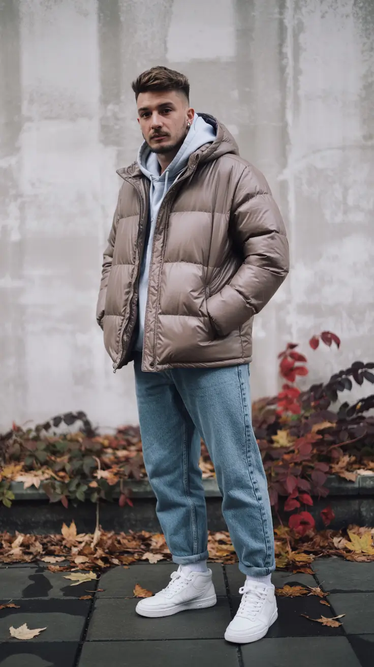 Mens outfit inspiration 2026 – Layered winter street style with puffer and hoodie