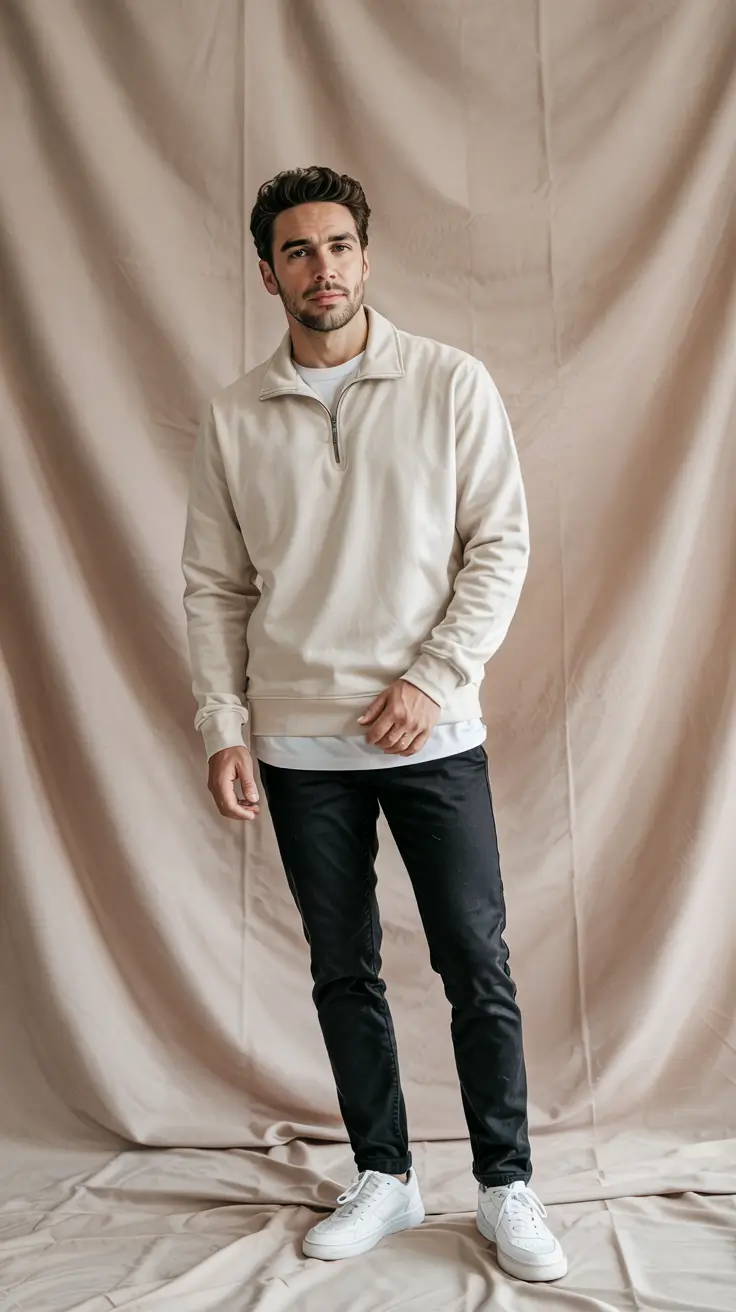 Mens outfit inspiration 2026 – Neutral smart casual outfit with half zip and black pants