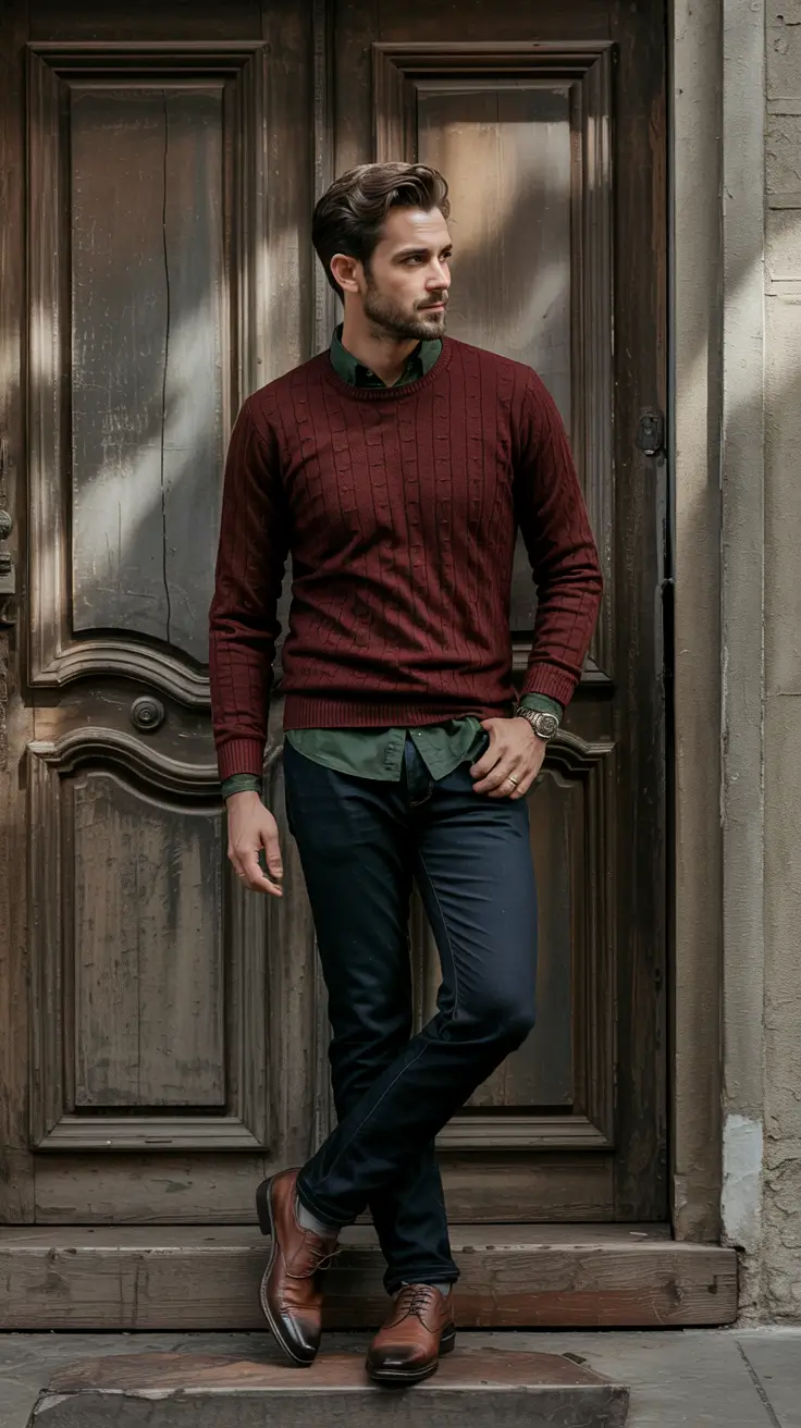 Mens outfit inspiration 2026 – Burgundy knit with green shirt and navy trousers