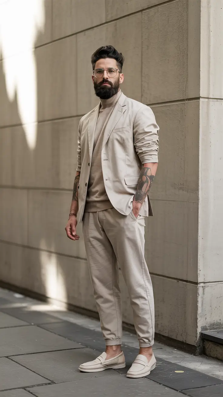 Mens outfit inspiration 2026 – Monochrome beige relaxed tailoring set