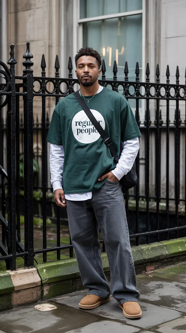 Mens outfit inspiration 2026 – Oversized graphic tee layered with wide leg jeans