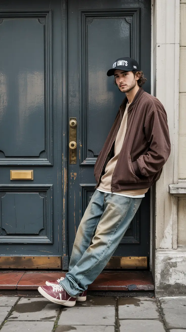 Mens outfit inspiration 2026 – Corduroy jacket with relaxed jeans and sneakers