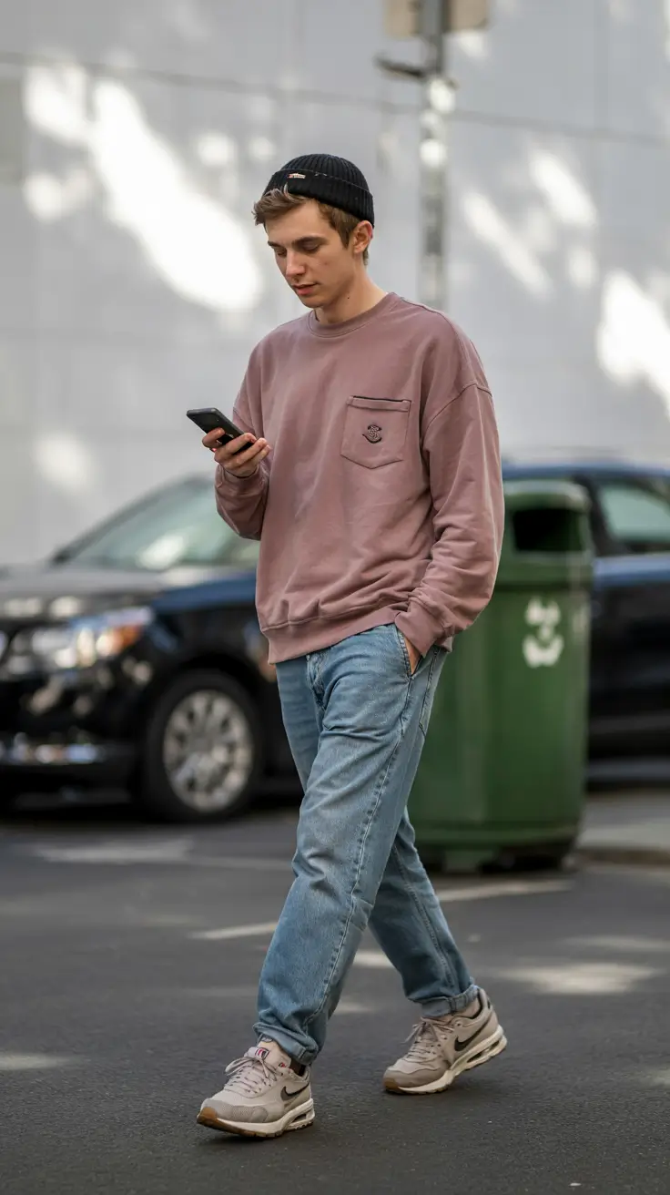 Mens outfit inspiration 2026 – Mauve sweatshirt with jeans and neutral sneakers