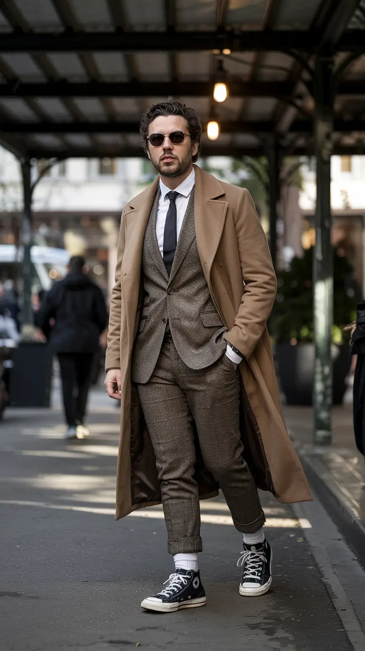 Mens outfit inspiration 2026 – Brown suit with camel coat and sneakers