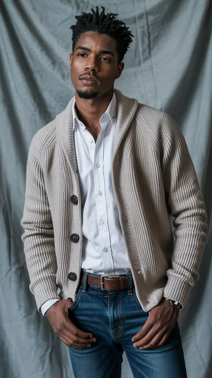 Men's outfit inspiration 2026 – Cardigan and White Shirt for Effortless Business Casual