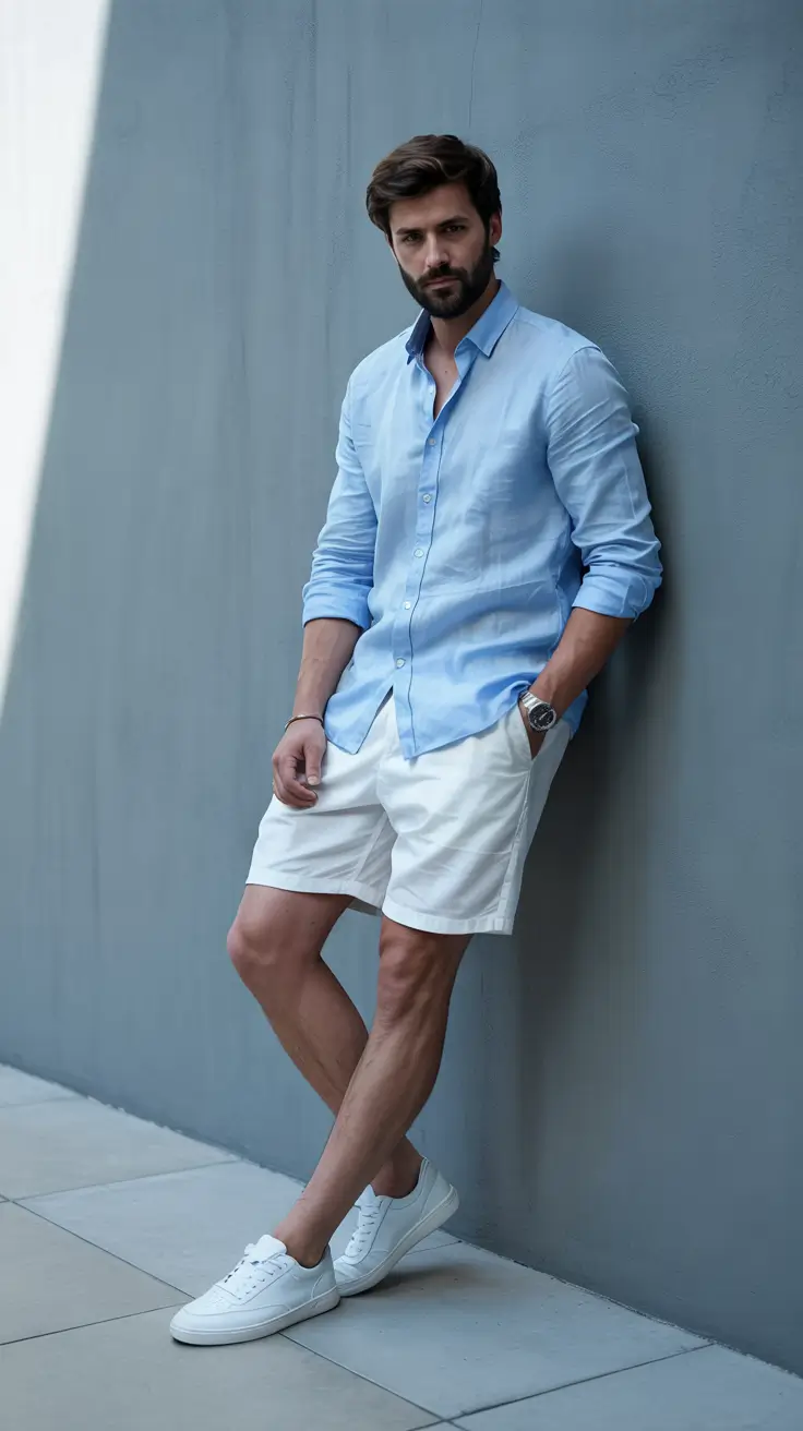 Men's outfit inspiration 2026 – Sky Blue Shirt and White Shorts for Polished Summer Days