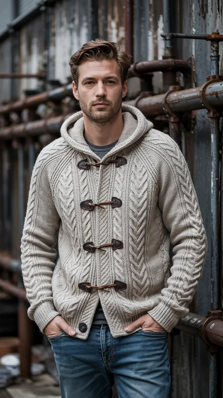 Men's outfit inspiration 2026 – Cable Knit Hoodie for Laid-Back Cold-Weather Days
