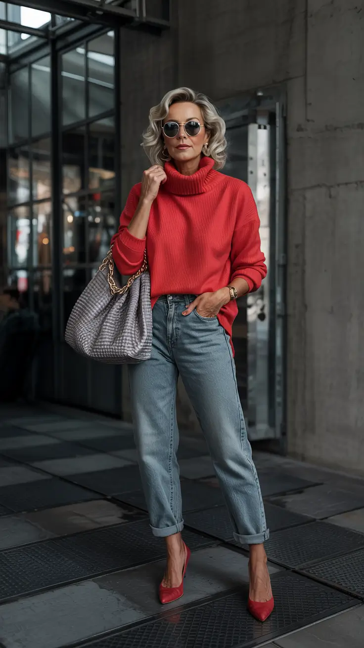 Modern outfits for women over 50 in 2026 - Red knit energy with relaxed barrel denim