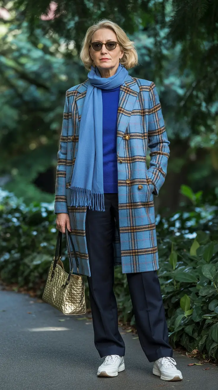 Modern outfits for women over 50 in 2026 - Blue check coat for polished winter walks