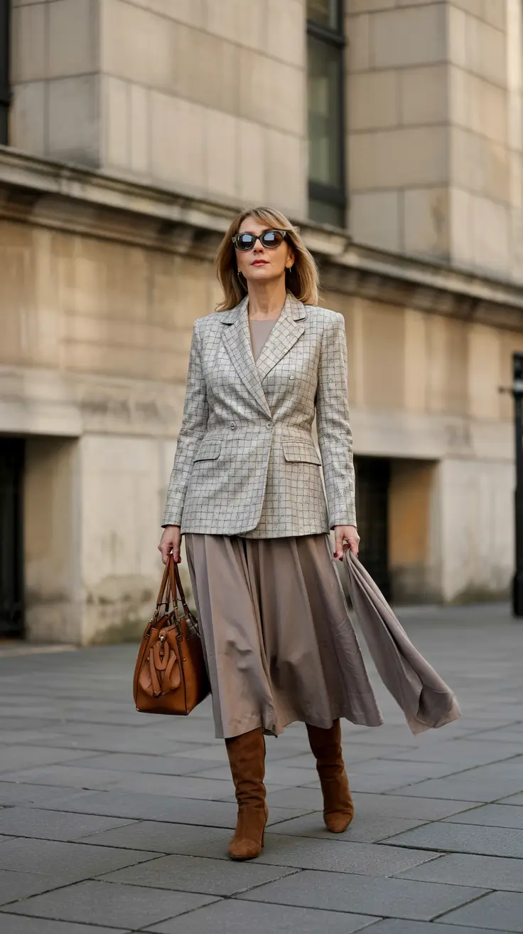 Modern outfits for women over 50 in 2026 - Blazer and flowing skirt for soft city structure