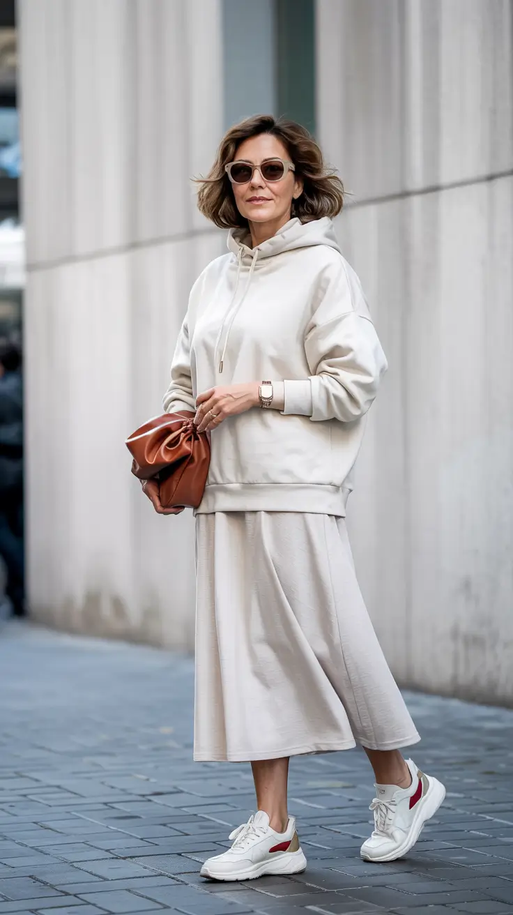 Modern outfits for women over 50 in 2026 - Monochrome hoodie set for elevated off duty days