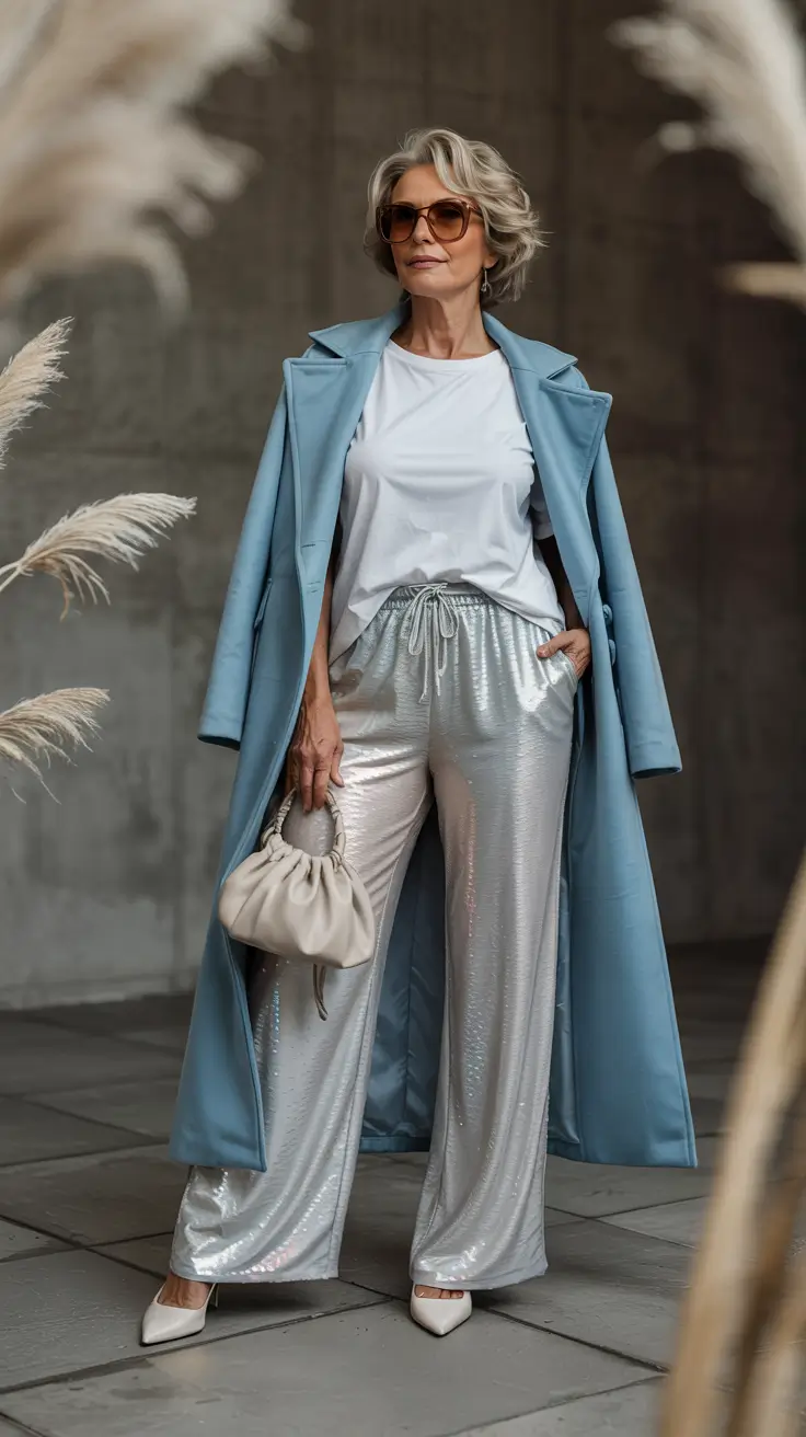 Modern outfits for women over 50 in 2026 - Light blue coat and shine trousers for party ready glam