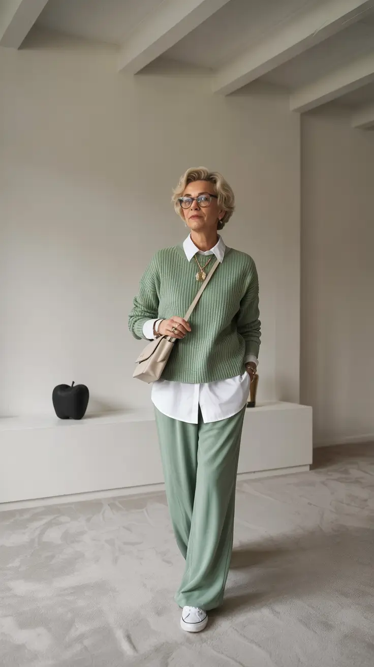 Modern outfits for women over 50 in 2026 - Soft green knit set for serene everyday style