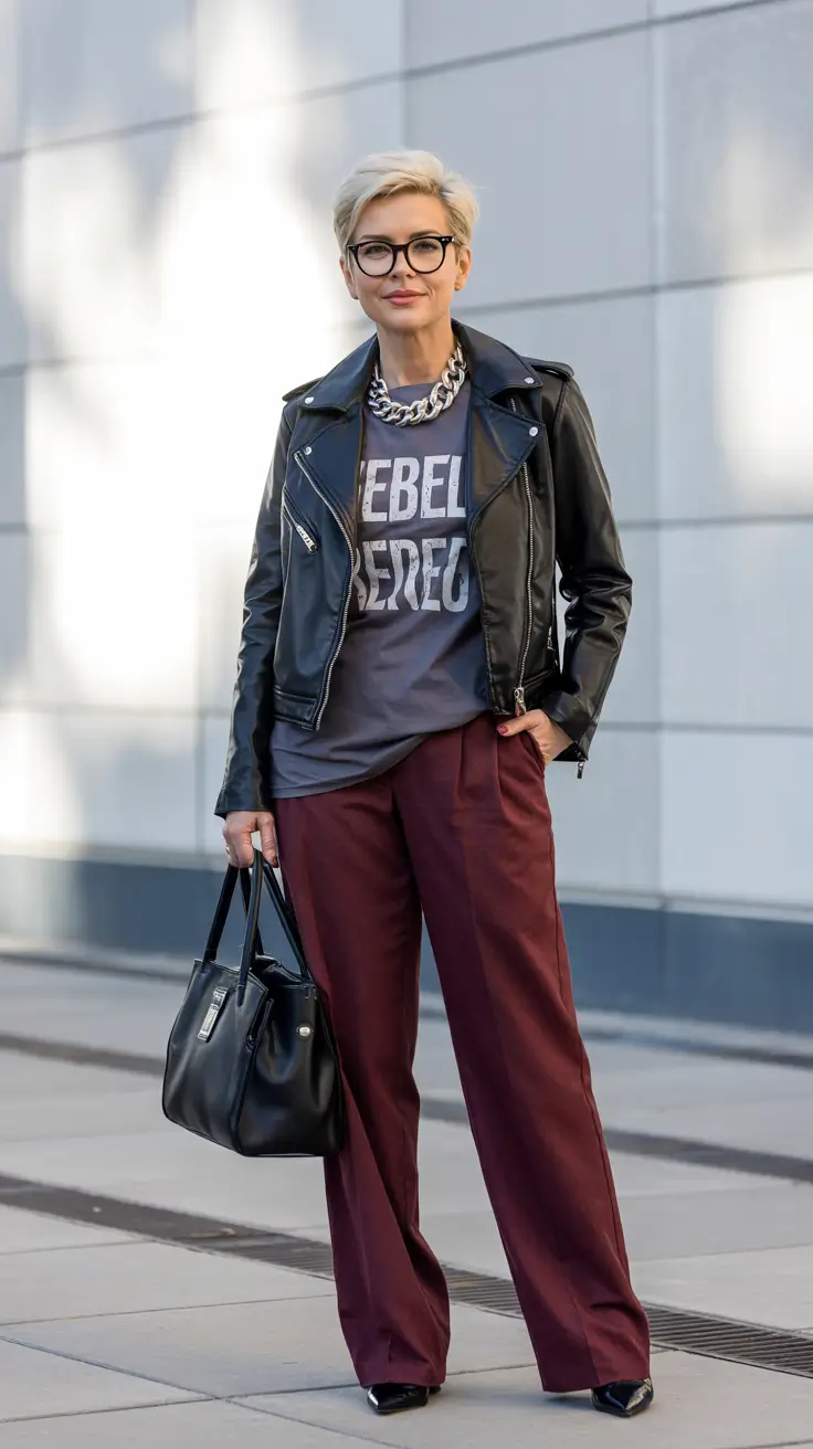 Modern outfits for women over 50 in 2026 - Rebel tee and tailored trousers for modern attitude