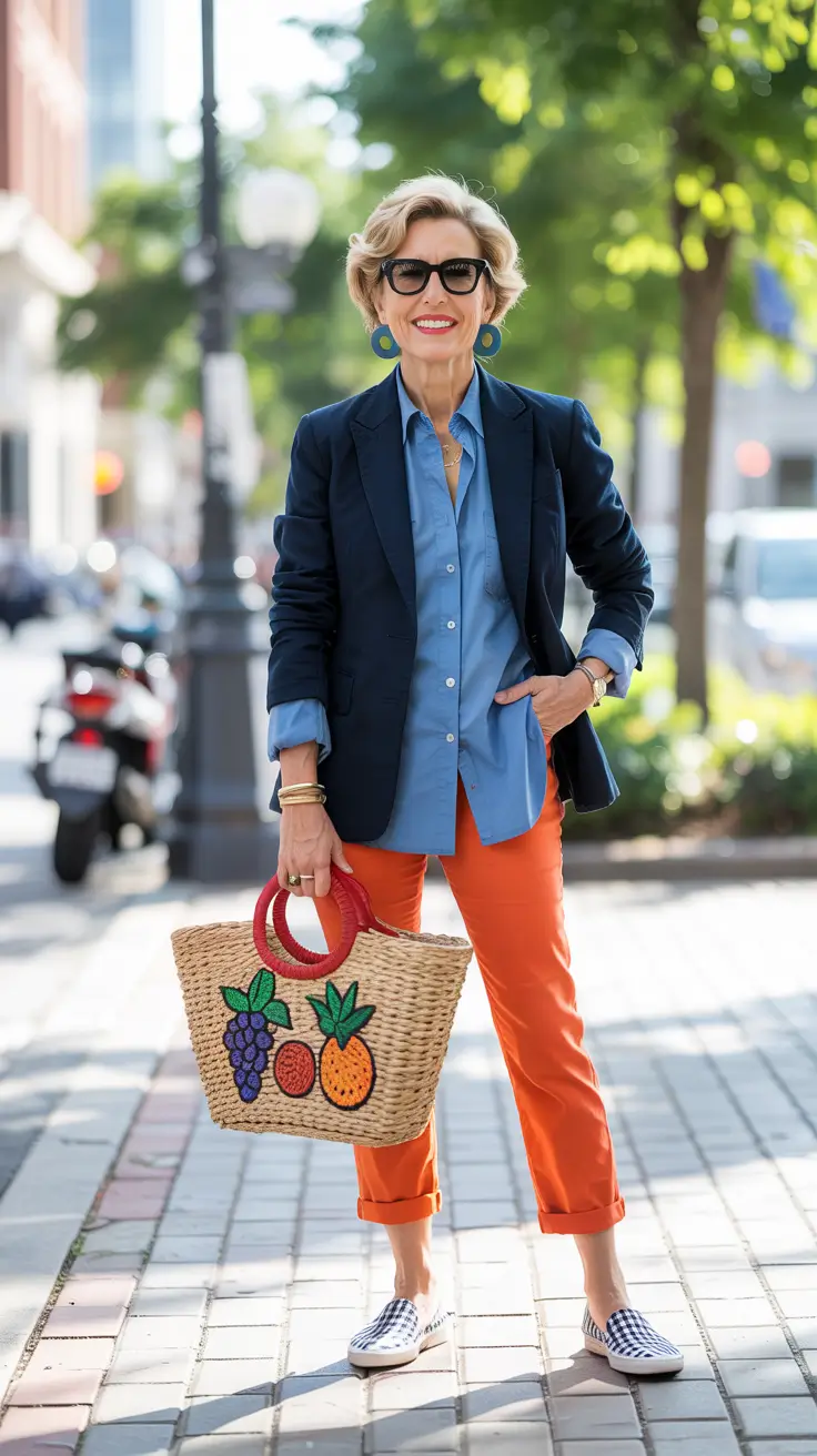 Modern outfits for women over 50 in 2026 - Navy blazer and citrus pants for playful street style