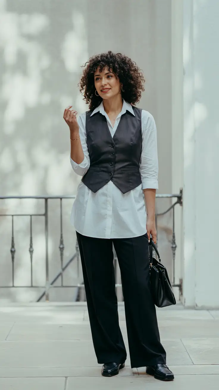 Modern outfits for women over 50 in 2026 - Waistcoat tailoring with relaxed black trousers