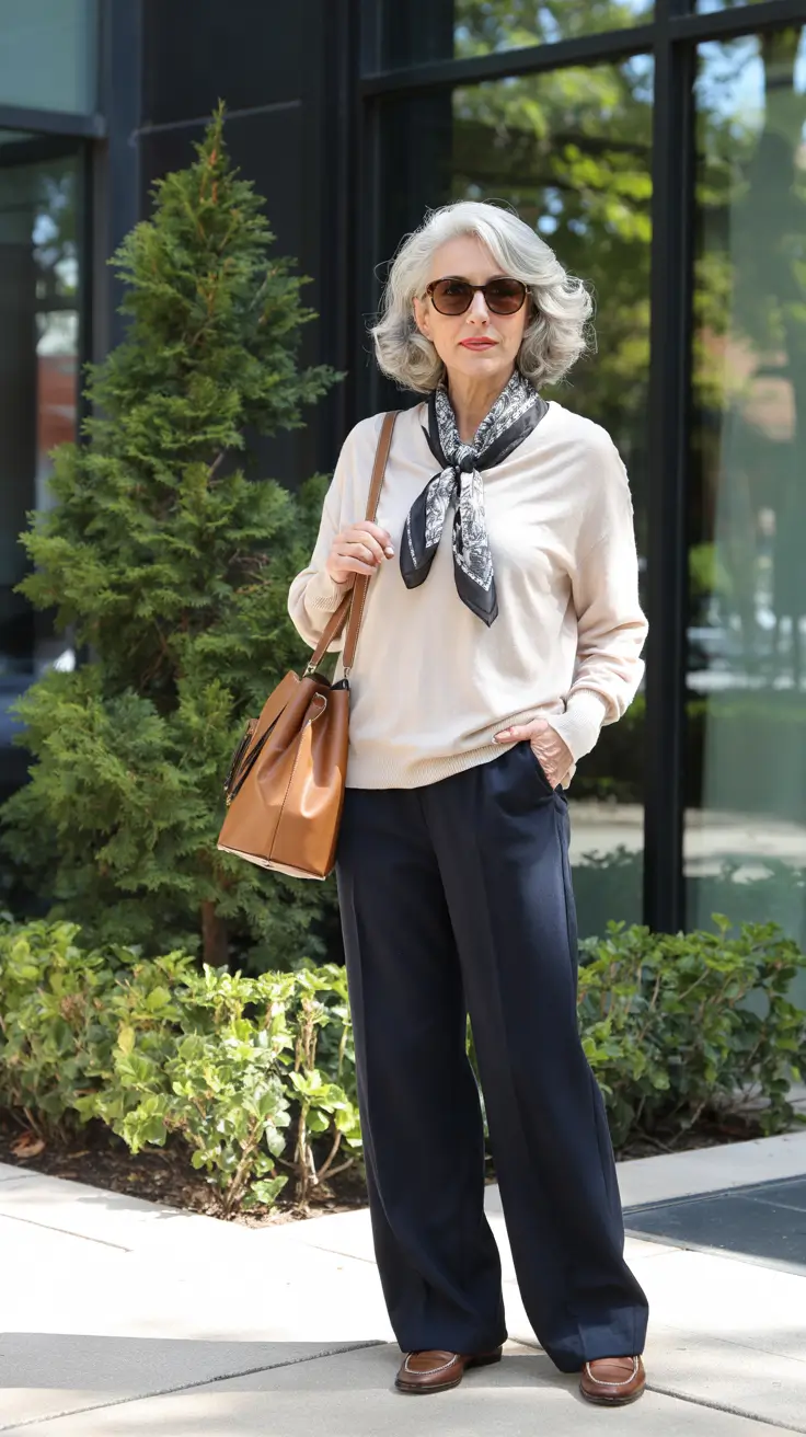 Modern outfits for women over 50 in 2026 - Scarf and wide leg navy for polished comfort