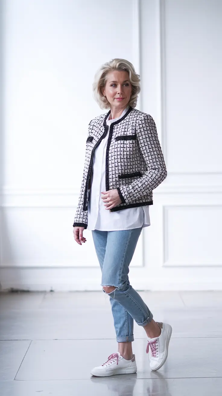 Modern outfits for women over 50 in 2026 - Tweed jacket and sneakers for modern classic charm