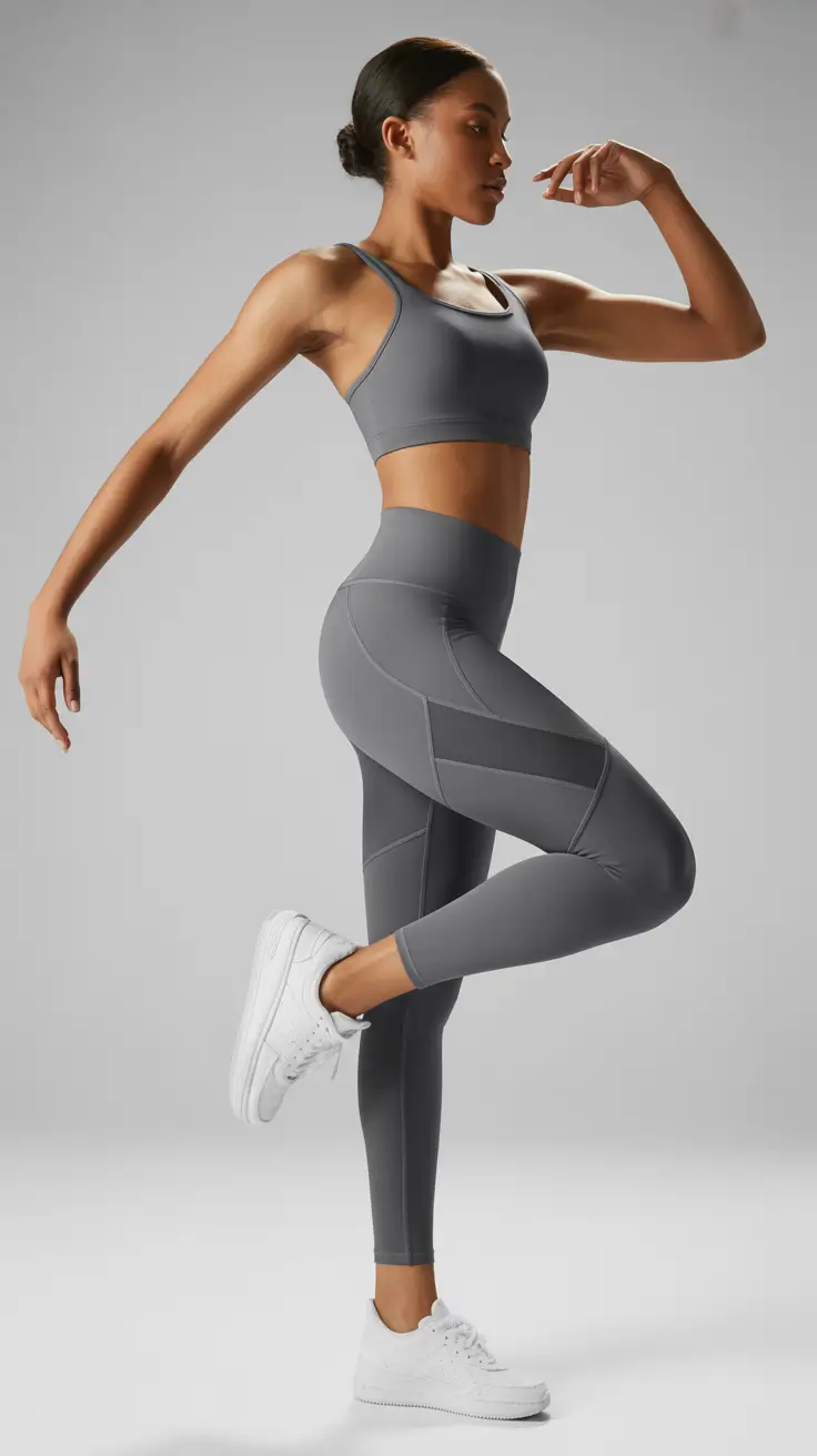 New gym fashion trends 2026 Monochrome grey set with technical lines