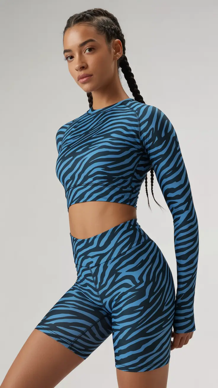 New gym fashion trends 2026 Blue animal print matching set