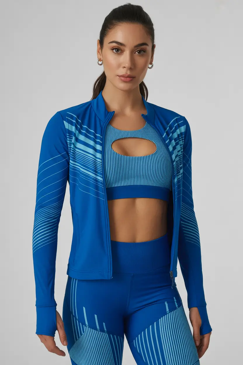 New gym fashion trends 2026 Graphic blue performance set with zip jacket