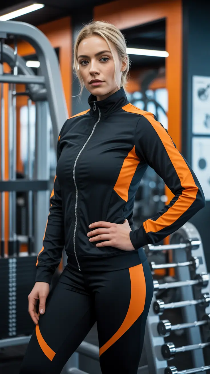 New gym fashion trends 2026 Black and orange high energy tracksuit