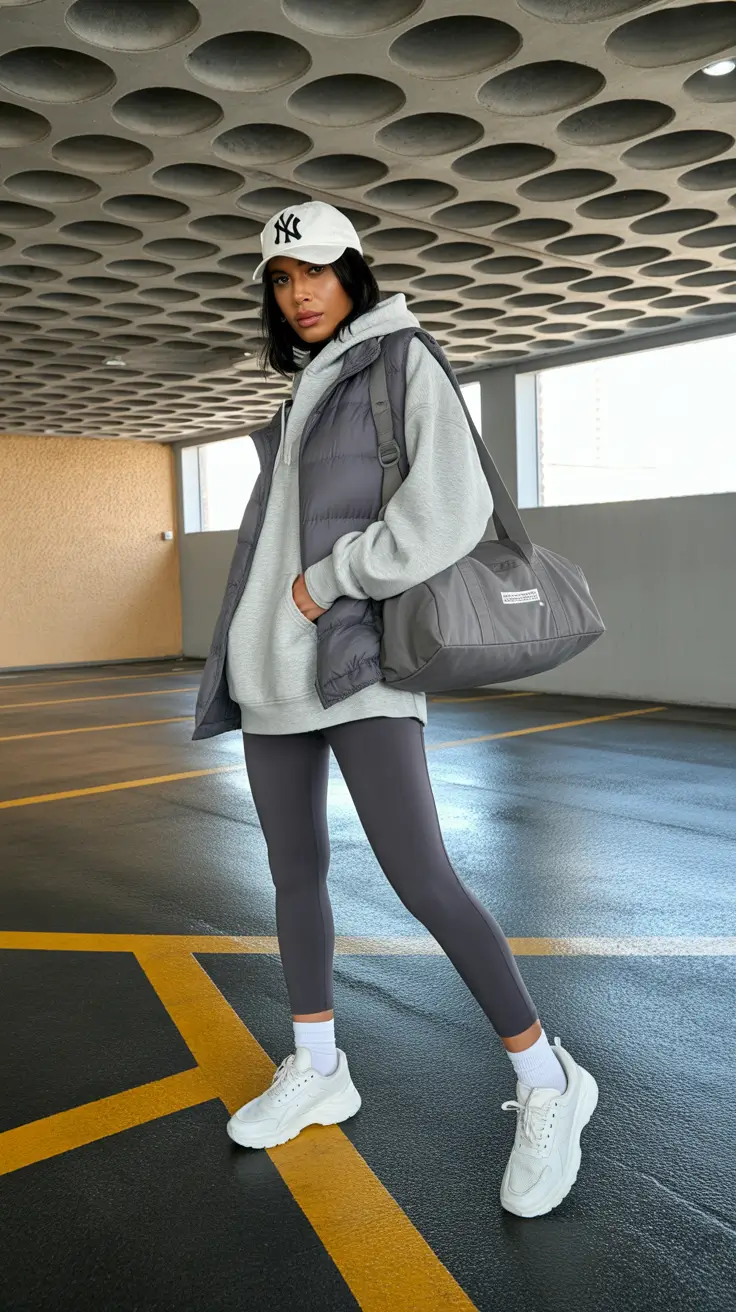 New gym fashion trends 2026 Layered grey parking-garage look for on-the-go workouts