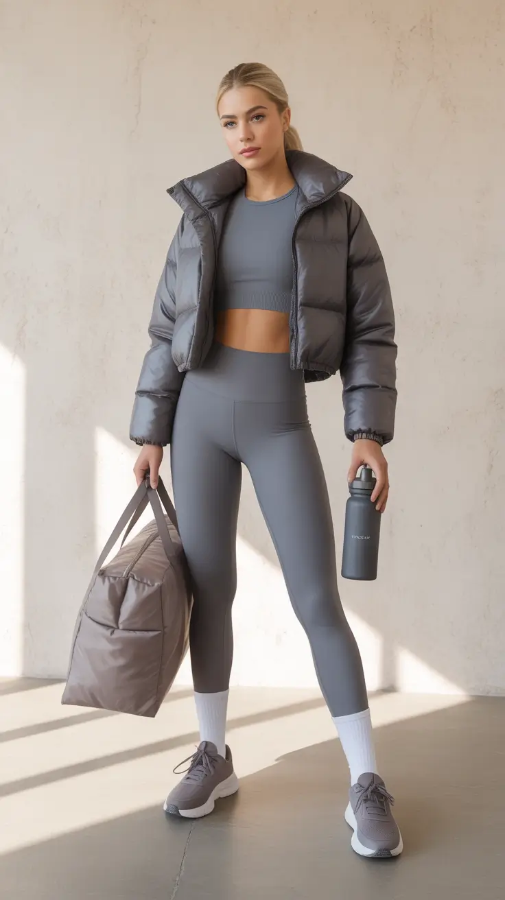 New gym fashion trends 2026 Sleek grey puffer set with matching accessories