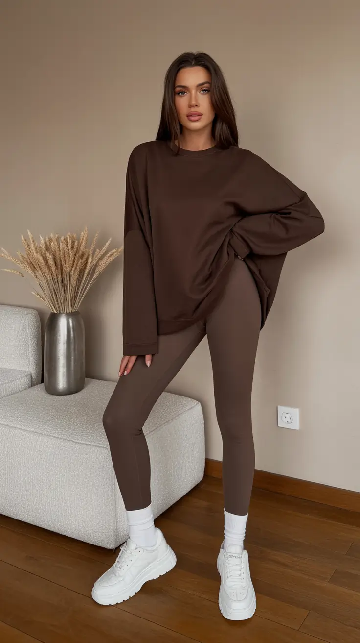 New gym fashion trends 2026 Chocolate tonal set with oversized sweatshirt