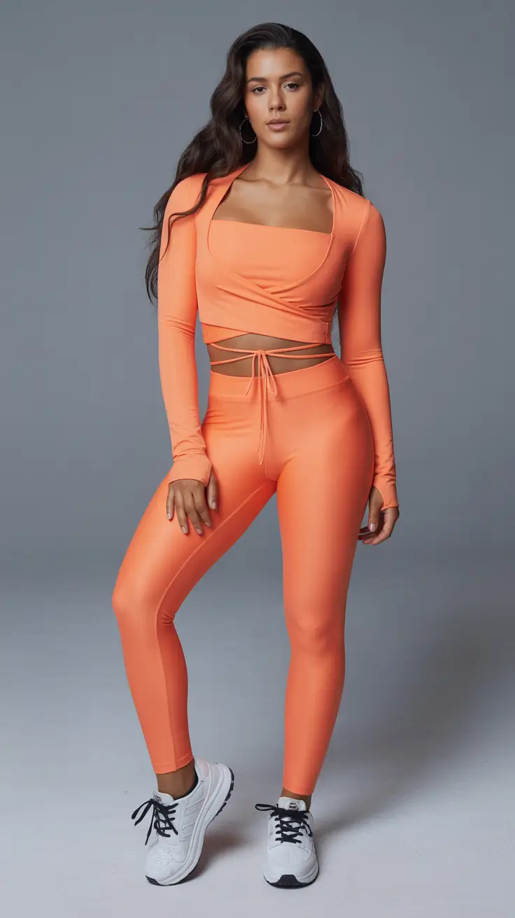 New gym fashion trends 2026 Tangerine wrap top with sleek matching leggings
