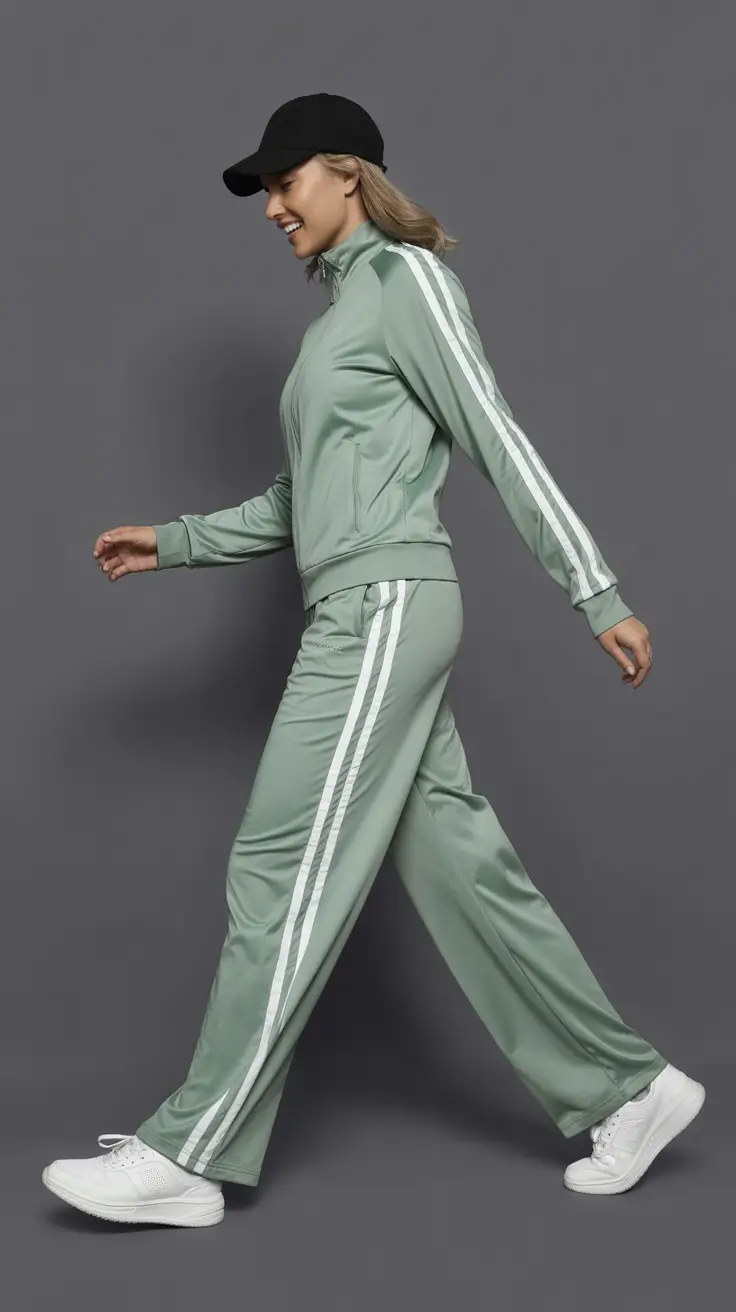 New gym fashion trends 2026 Mint tracksuit with relaxed stripes