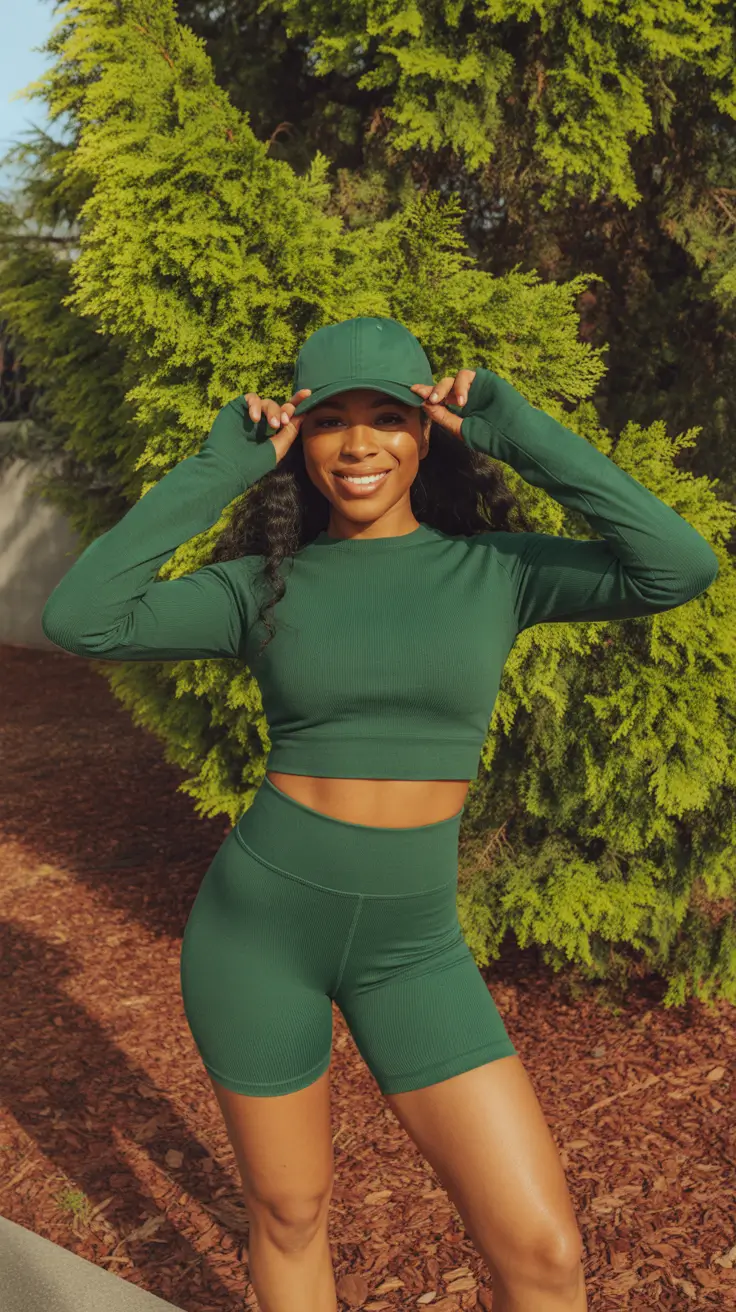 New gym fashion trends 2026 Deep green outdoor set with cap