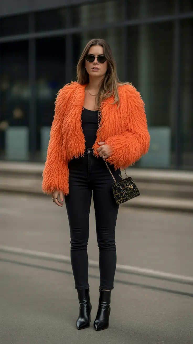 Tangerine Edge Orange Fuzzy Jacket Outfit