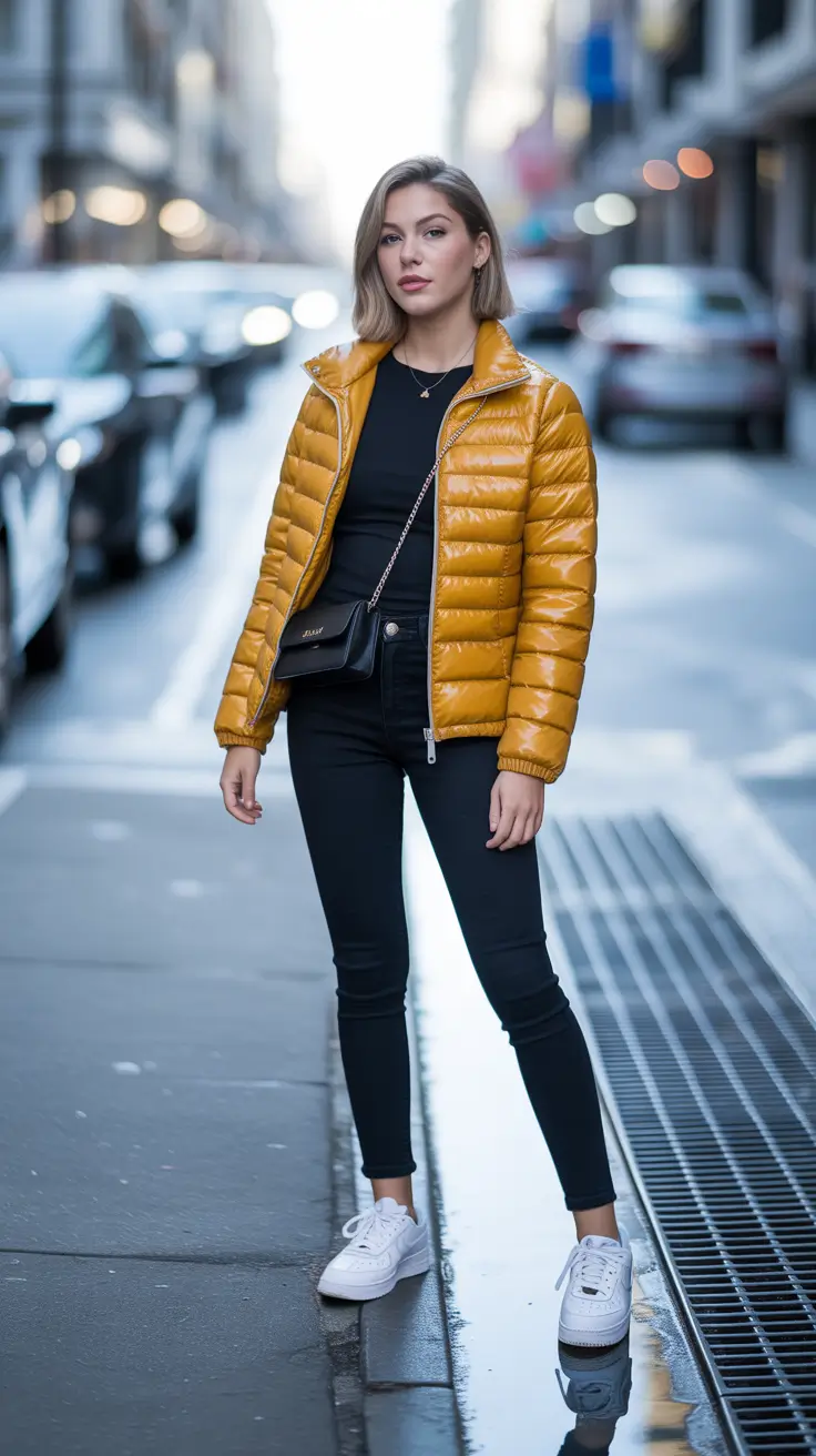 Gold Rush Minimalism Mustard Puffer Outfit
