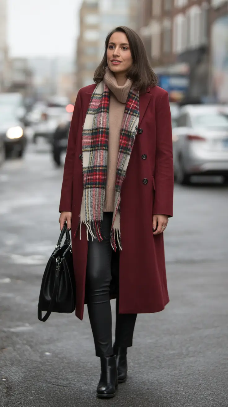 Burgundy Charm Coat and Scarf Outfit