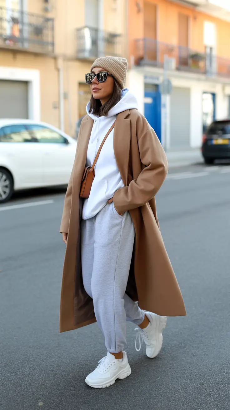 Casual Luxe Camel Coat and Hoodie Outfit