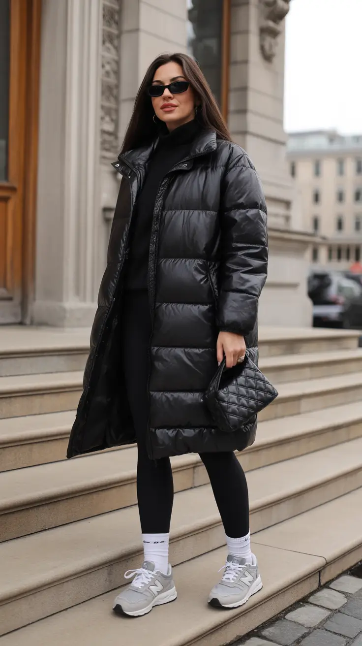 Sporty Noir Puffer Jacket Outfit