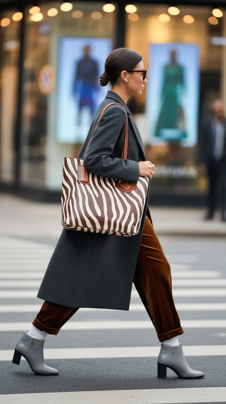 City Lines Gray Coat and Zebra Bag Outfit
