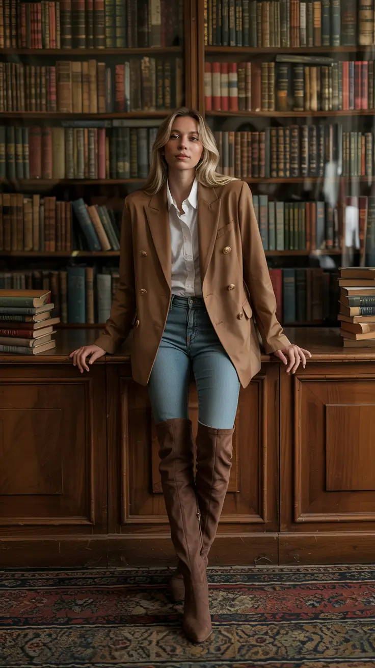 old money outfits for women 2026 – Library Blazer and Over-the-Knee Boots
