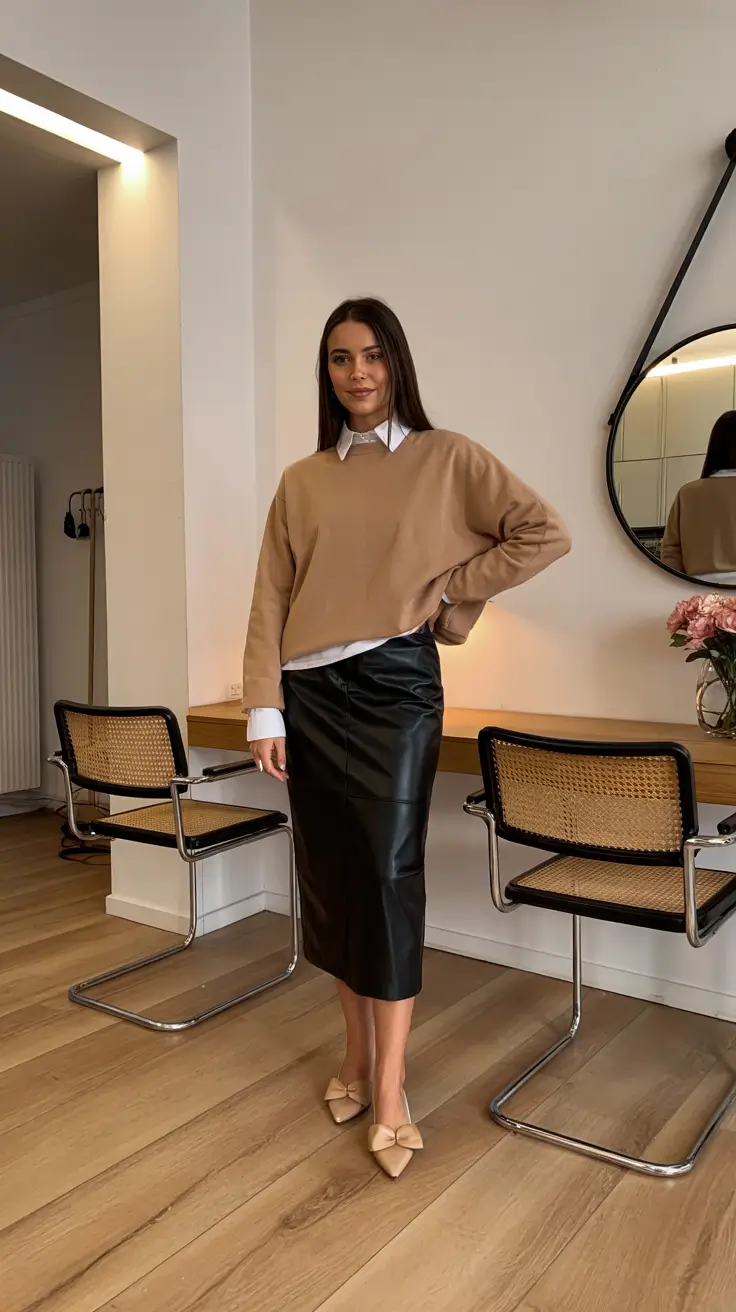 old money outfits for women 2026 – Leather Skirt and Sweater Minimalism