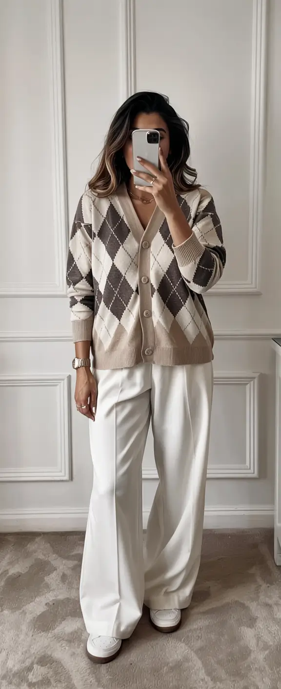 old money outfits for women 2026 – Argyle Cardigan and Wide-Leg Trousers