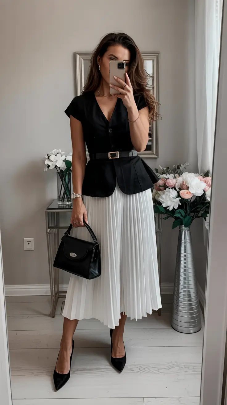 old money outfits for women 2026 – Black Peplum and Pleated Skirt Elegance