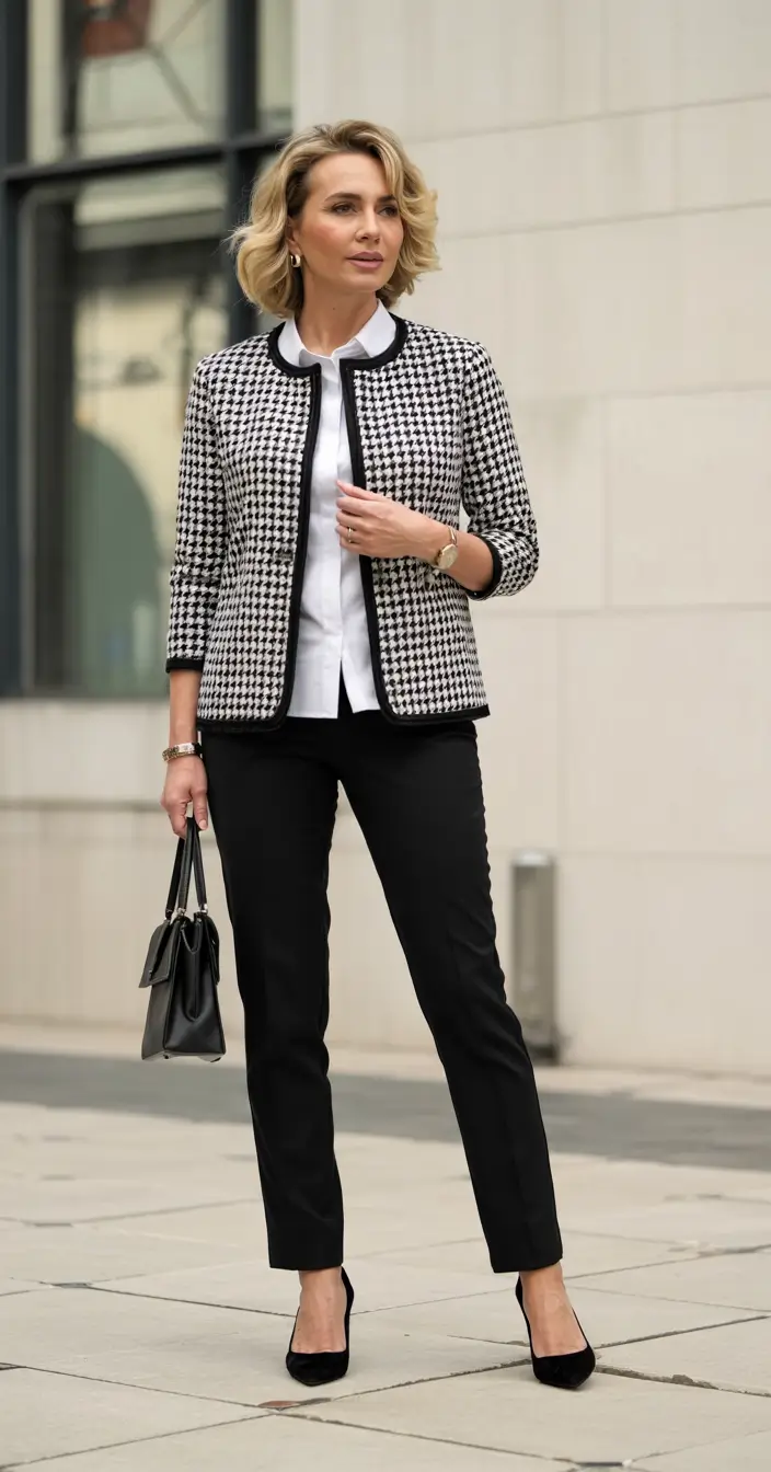 old money outfits for women 2026 – Houndstooth Jacket and Slim Trousers Classic
