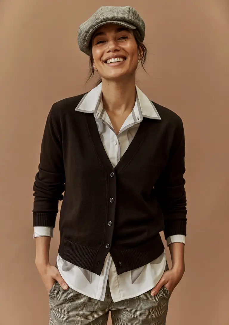 old money outfits for women 2026 – Smiling Preppy Cardigan and Check Trousers