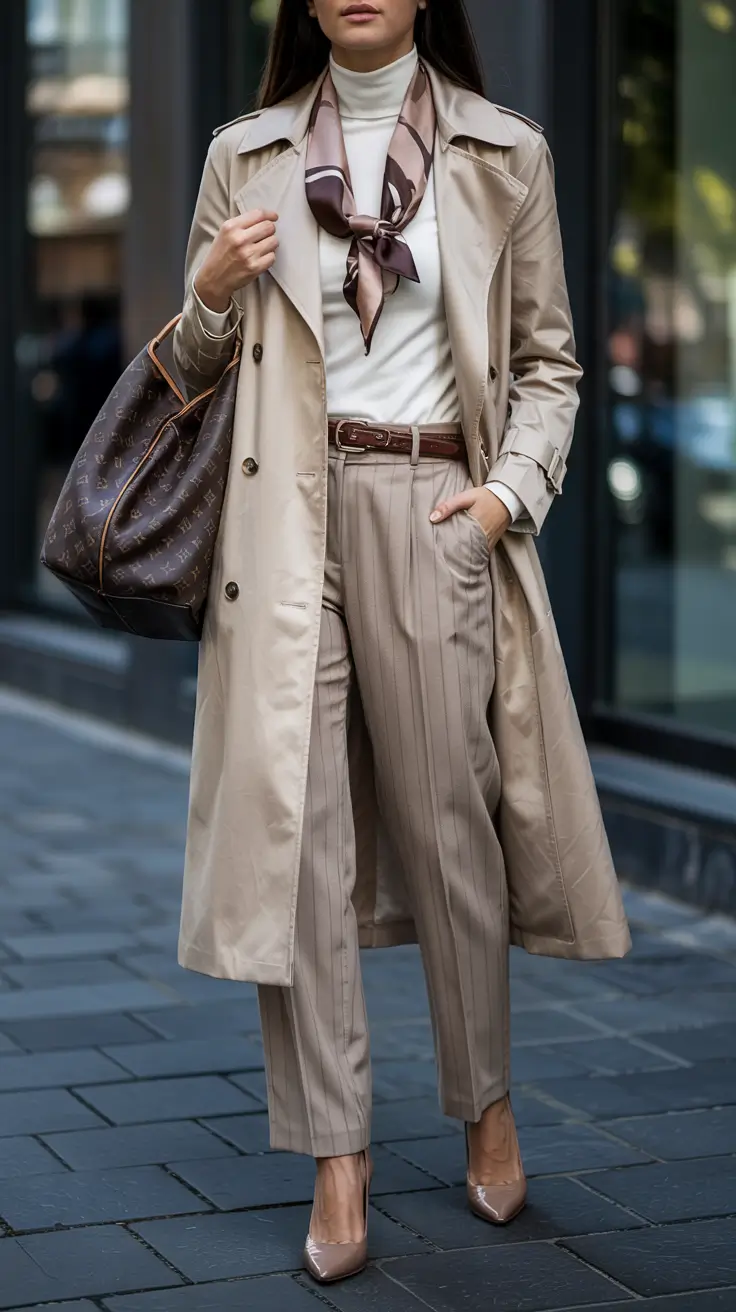 old money outfits for women 2026 – Trench Coat, Scarf and Pinstripe Trousers